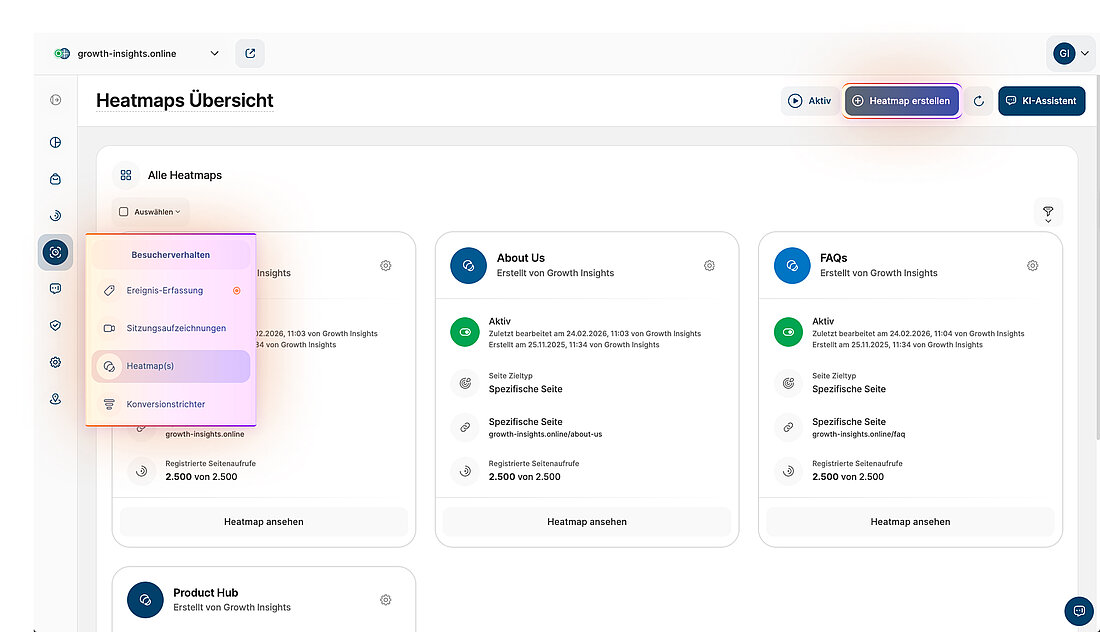 Erstellen eines Heatmap-Einstiegspunkts in der Plattformschnittstelle Screenshot der Plattform, der zeigt, wo eine neue Heatmap in der Heatmaps-Übersicht erstellt werden kann