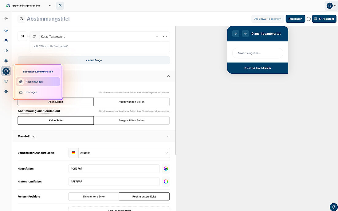 Webseiten Abstimmung Editor Abstimmungs-Editor mit Navigationspfad, Optionen für die Seitenausrichtung und On-Page-Vorschau
