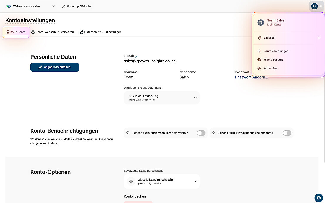 Kontoeinstellungen mit Meine Kontodaten Screenshot der Plattformeinstellungen mit der Navigation zu den Kontoeinstellungen und dem Bereich "Mein Konto", in dem persönliche Daten und Rechnungsdaten überprüft werden