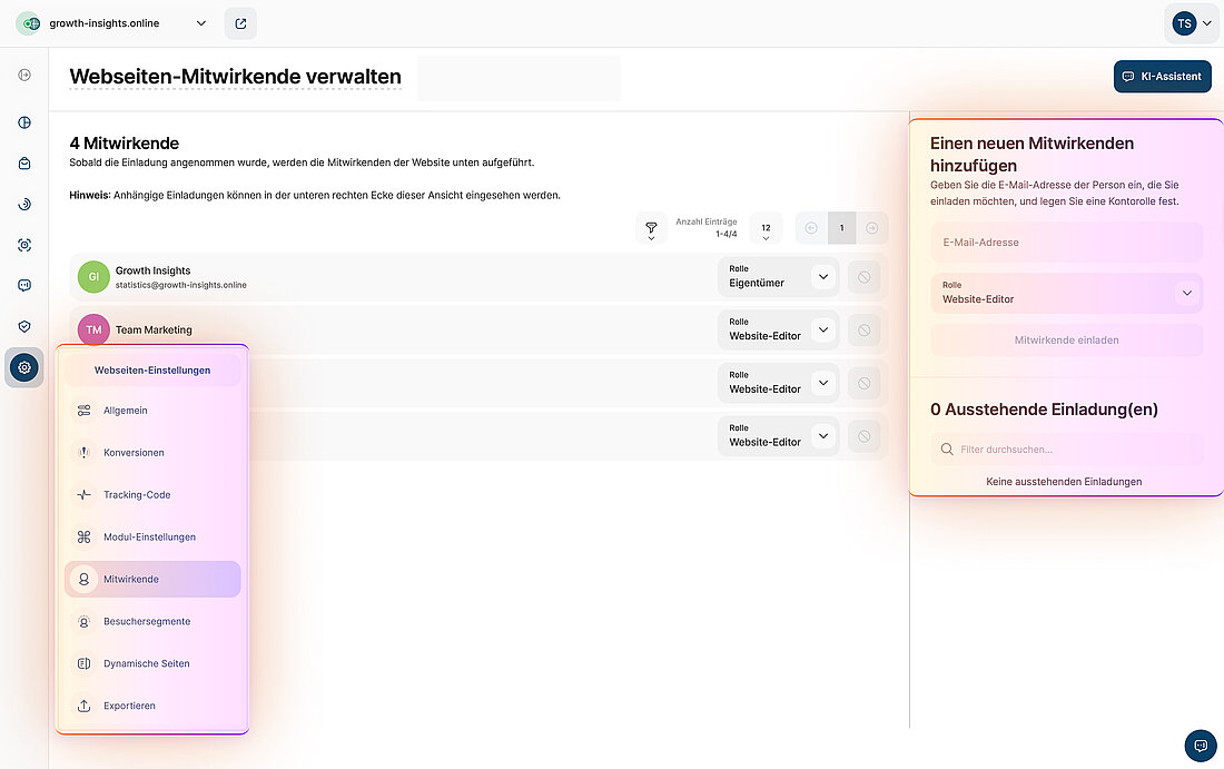 Verwaltung der Mitwirkenden und Rollenzuweisung Der Screenshot der Plattform zeigt die Navigation zum Bereich Mitwirkende und das Panel zum Hinzufügen eines neuen Mitwirkenden und zum Zuweisen von Zugriffsrollen