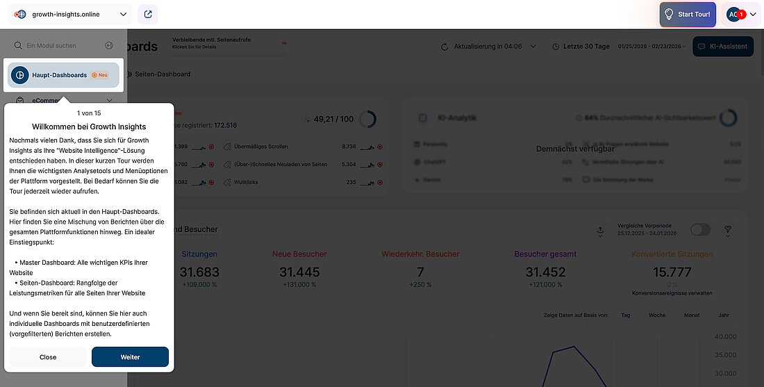 Dashboard Feature Tour Einführung Screenshot der Plattform, der den ersten Schritt der Dashboard-Tour mit einem einführenden Overlay zeigt, das die wichtigsten Dashboards und die Navigation erklärt
