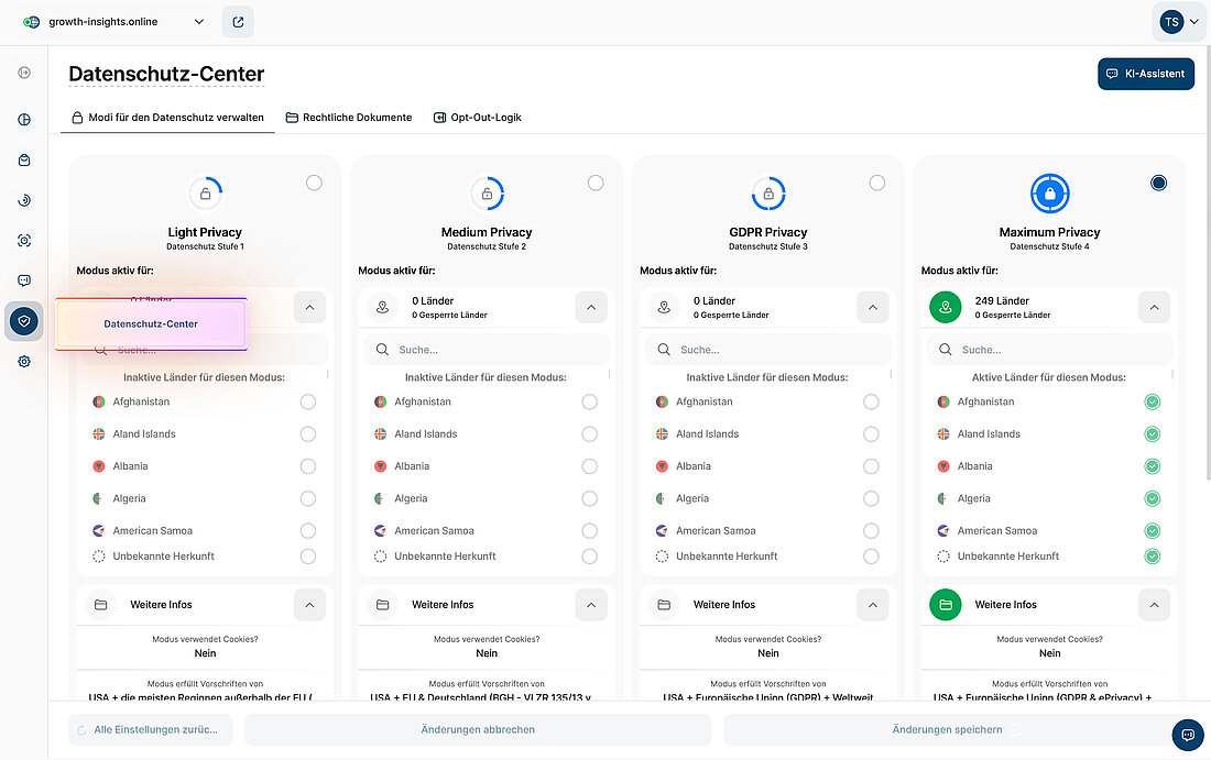Datenschutz-Center mit Datenschutzmodus-Konfiguration Screenshot der Plattformeinstellungen mit der Navigation des Datenschutz-Centers und den verfügbaren Datenschutz-Modi mit länderspezifischen Aktivierungskontrollen