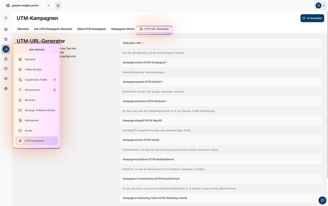 Einrichtung des UTM-URL-Builders UTM-URL-Builder mit hervorgehobenem Navigationspfad und Kampagnen-Parameterfeldern für Link-Tagging