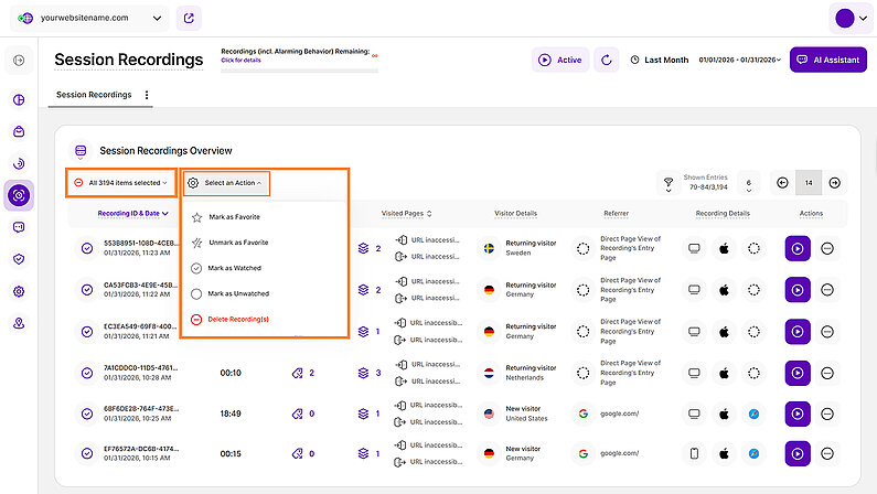 Select a Bulk Action for Session Recordings Select a Bulk Action for Session Recordings