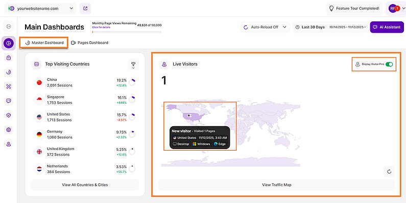 Live Visitors Map in the Master Dashboard Live Visitors Map in the Master Dashboard